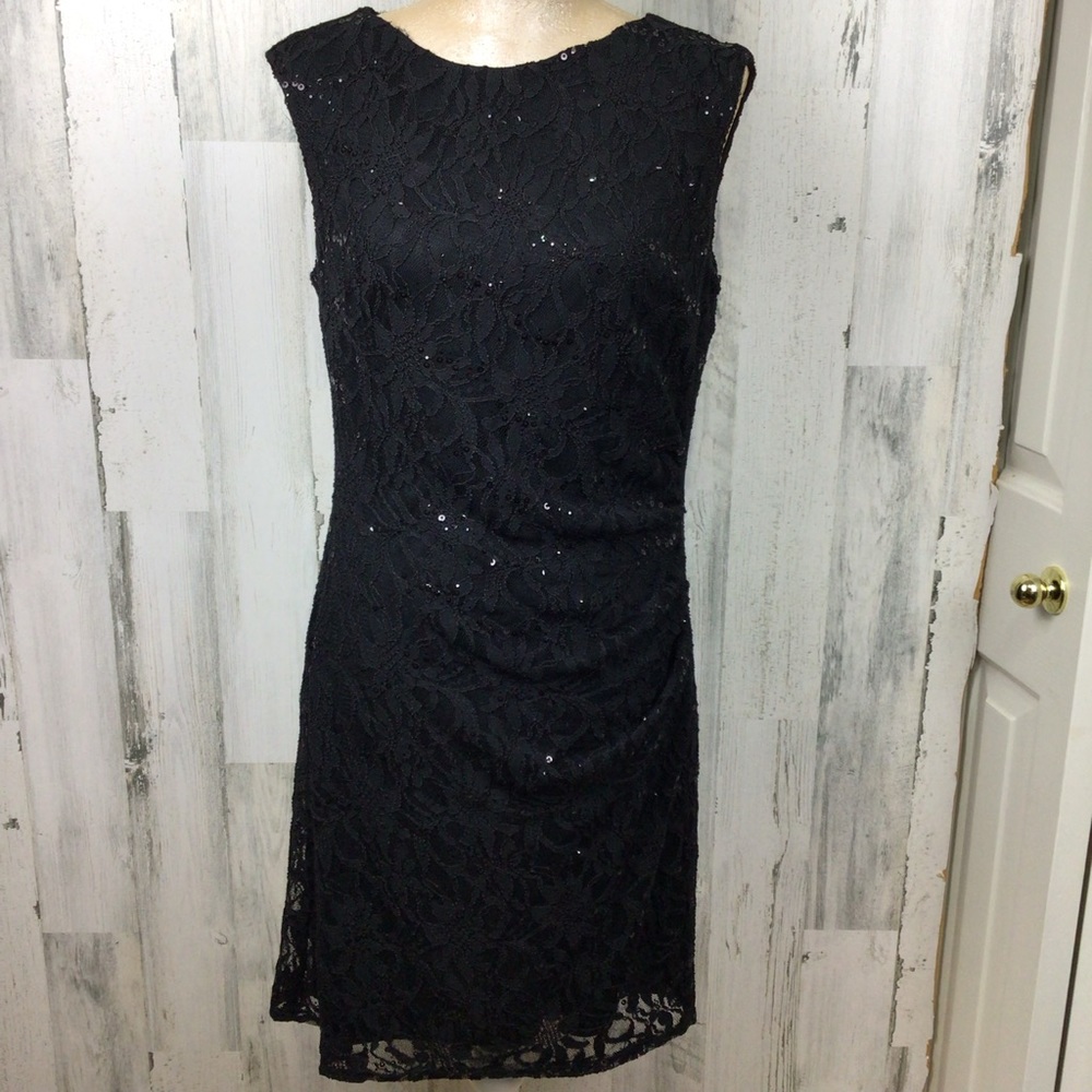 Vtg Cachet Little Black Party Dress Sleeveless Stretch Sequins Lace Lined.